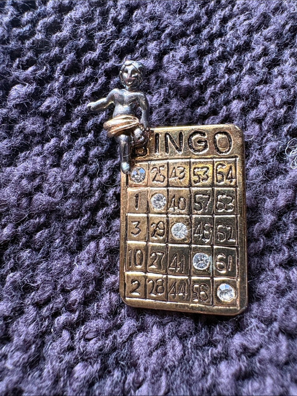 Bingo Card Charm pin in Antique Gold with Clear Crystals